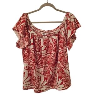 Red and White Penningtons Women's Off-Shoulder Flutter Sleeve Top